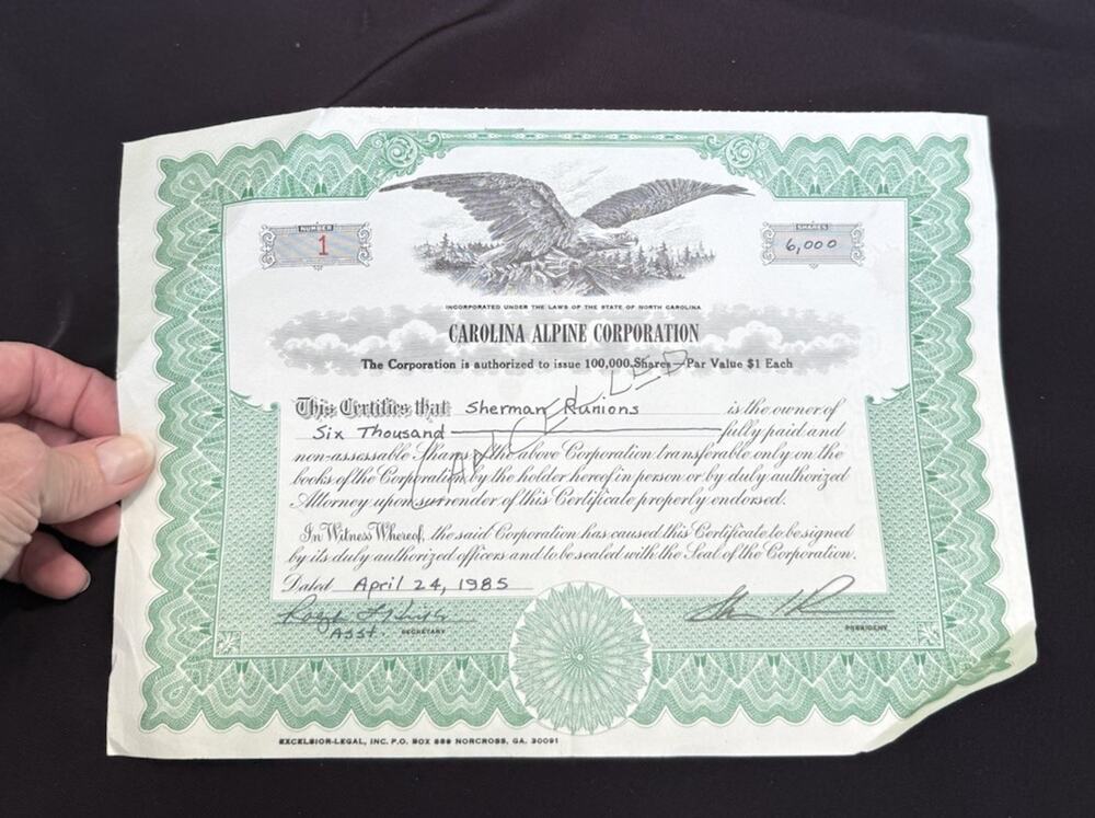 Vintage CAROLINA ALPINE CORPORATION Stock Certificate